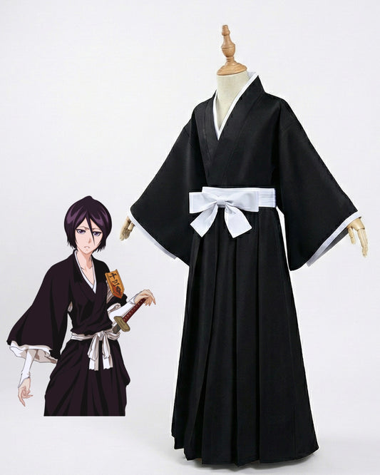 Black kimono with white belt on a mannequin against a white background, with an illustration of a character wearing the kimono.