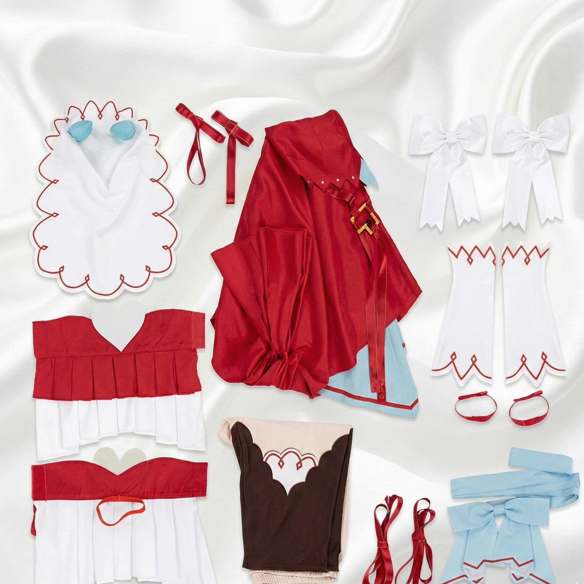 Full set of Still in Love cosplay costume pieces including dress, sleeves, bows, and accessories.