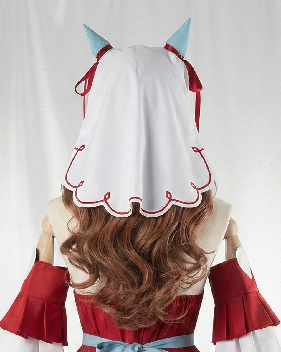 Detailed view of Still in Love cosplay headwear with white veil and light blue horse girl horns.