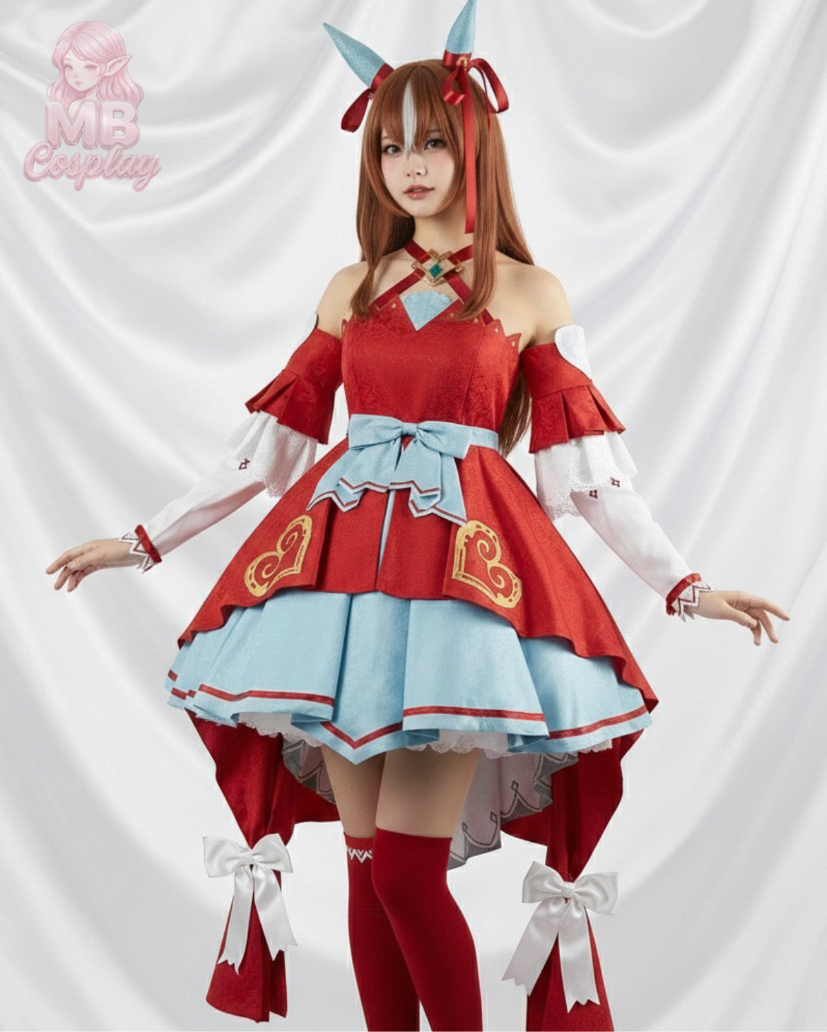 Model wearing the full Still in Love Uma Musume costume with wig and racing outfit.