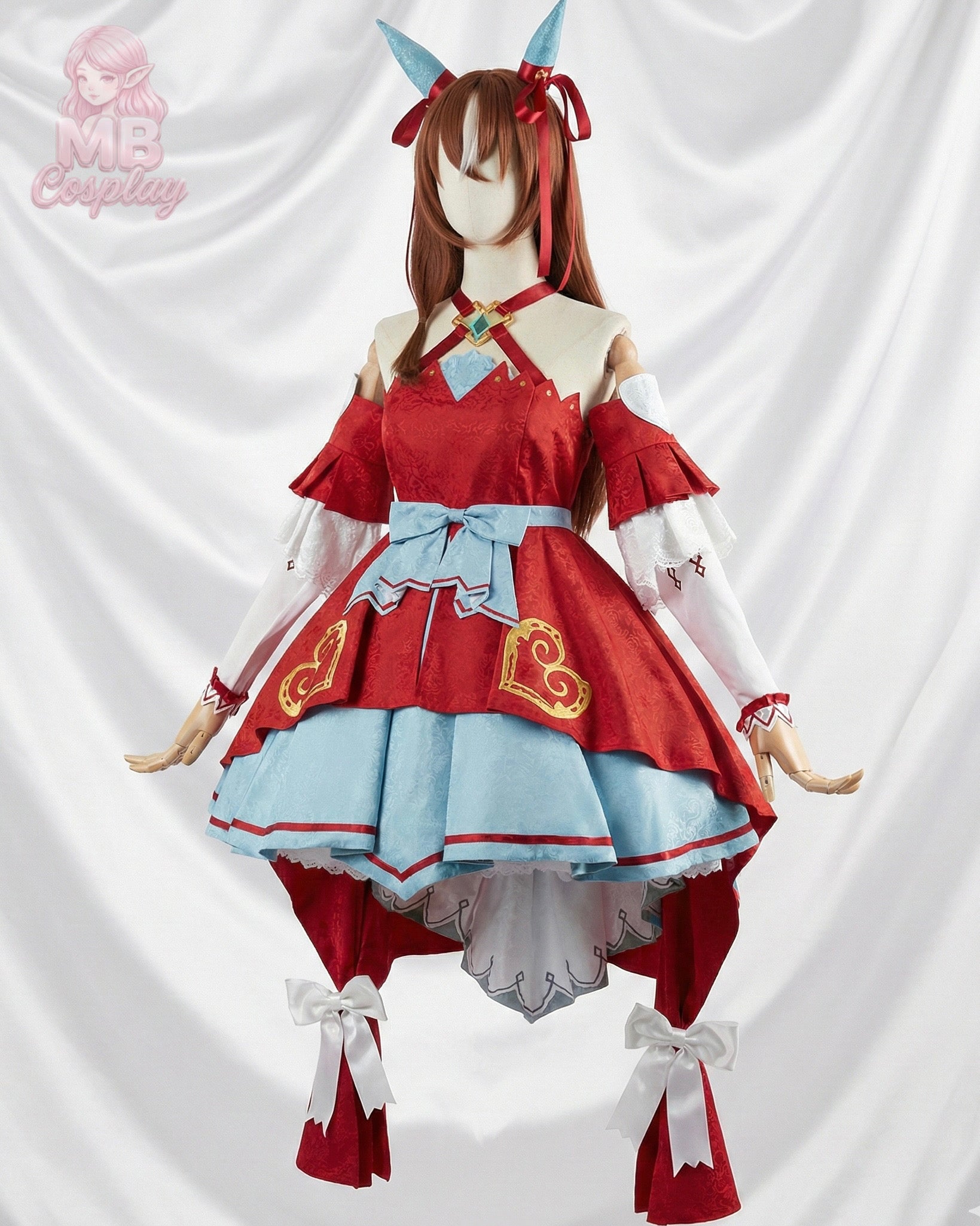 Front view of Still in Love cosplay costume from Uma Musume Pretty Derby featuring red dress and blue horn headband.