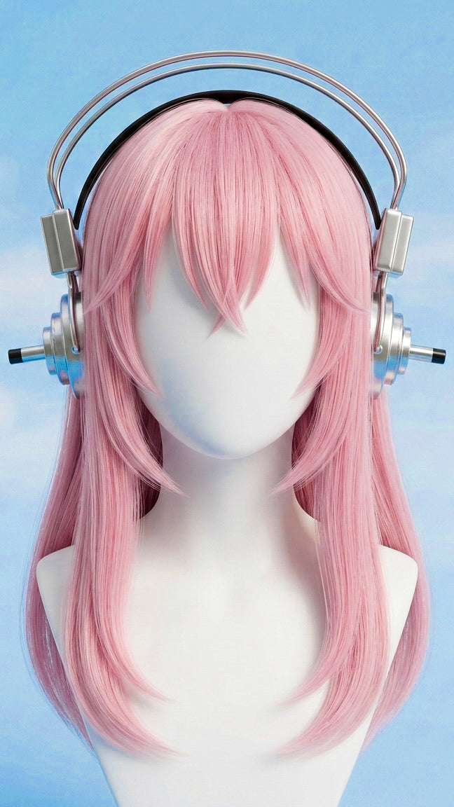 Pink wig on a mannequin head with large headphones against a light blue background