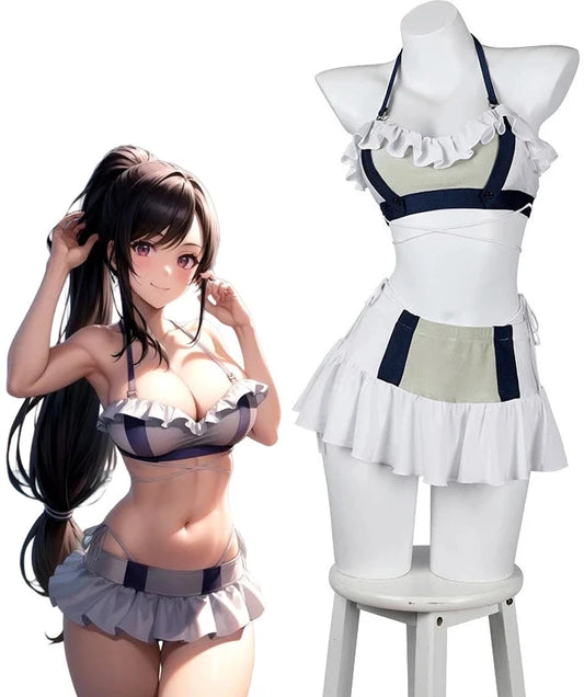Two-piece white and black Tifa Lockhart inspired cosplay bikini set featuring ruffled halter top and matching skirt on a mannequin and illustrated character model.