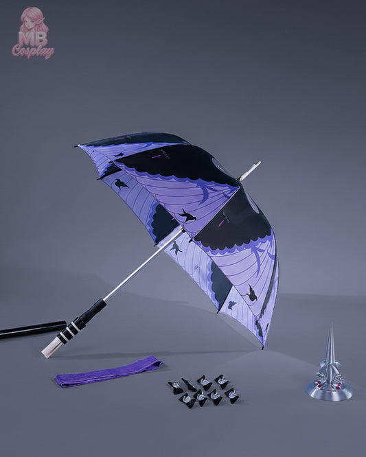 Vivian Banshee's Iris of the Shore umbrella weapon prop from Zenless Zone Zero with purple floral wing patterns and silver handle accessories.
