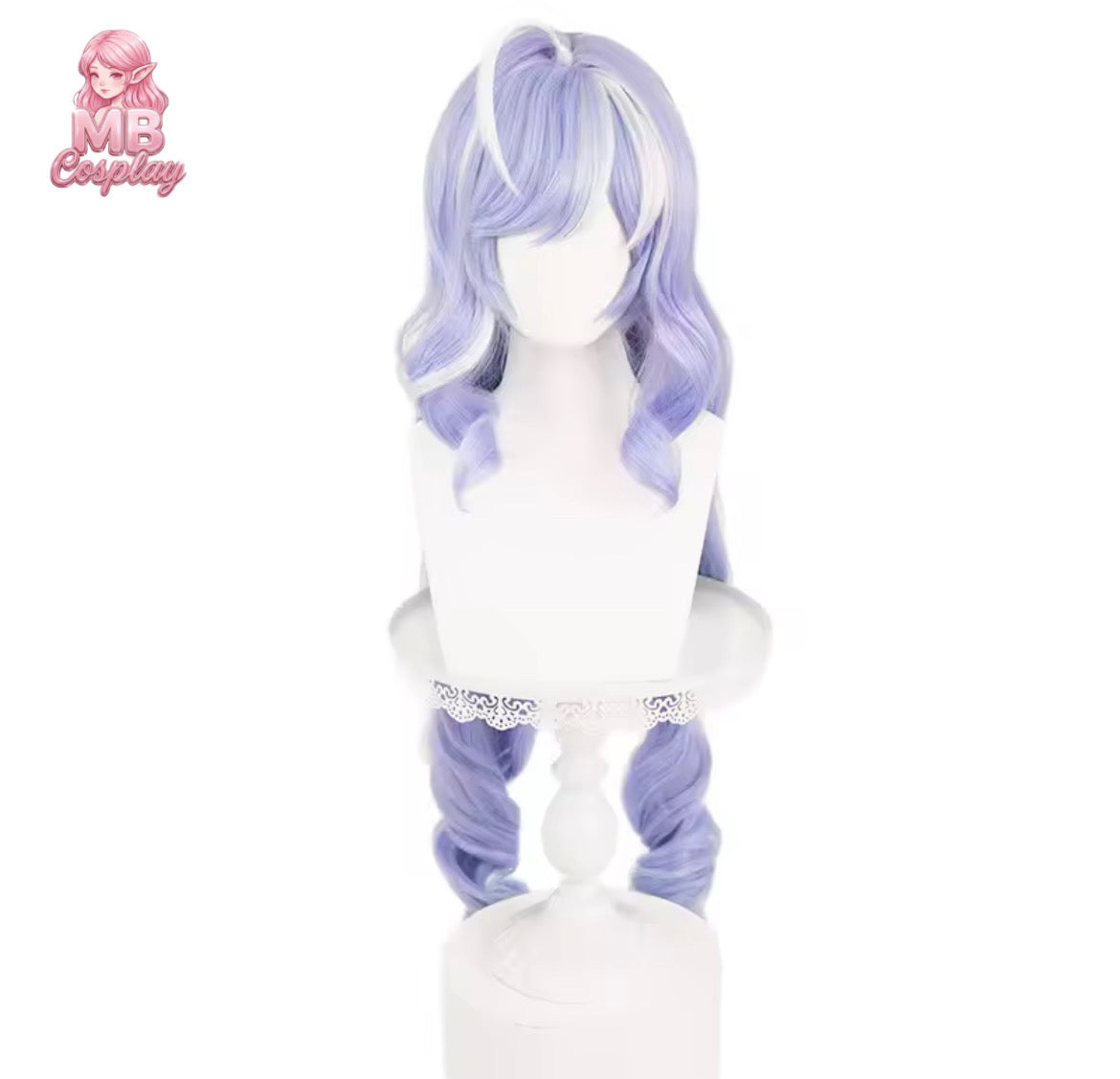Purple and white wig on a mannequin head with MB Cosplay logo Styled lavender purple Vivian cosplay wig from Zenless Zone Zero with side-swept bangs