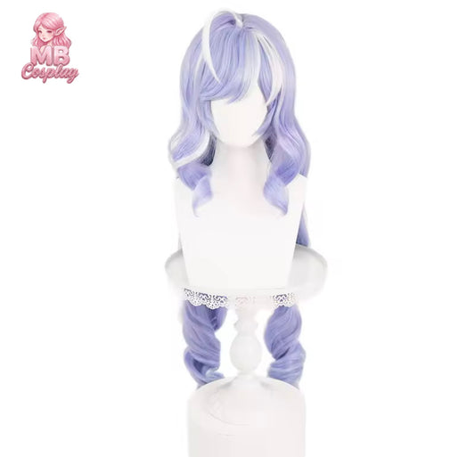 Purple and white wig on a mannequin head with MB Cosplay logo Styled lavender purple Vivian cosplay wig from Zenless Zone Zero with side-swept bangs