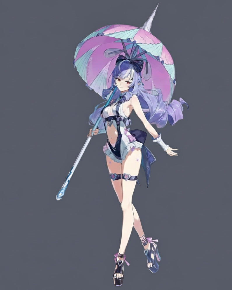 Character illustration of Vivian from Zenless Zone Zero wearing the Iris of the Shore outfit, featuring her signature purple and teal umbrella weapon, lavender hair, and a stylized swimsuit design