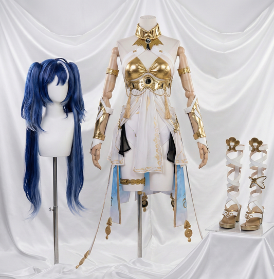 Full set of the New Version Jinhsi (Iuno) cosplay costume from Wuthering Waves by MBCosplay, featuring a white and gold dress, blue pigtail wig, matching arm guards, and gladiator-style sandals.