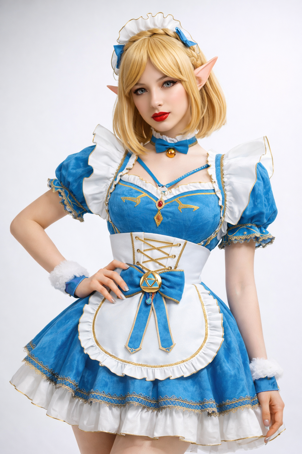 Zelda-inspired winter princess maid cosplay costume with blue and white dress