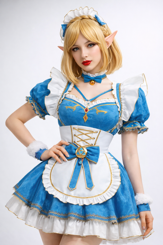 Zelda-inspired winter princess maid cosplay costume with blue and white dress
