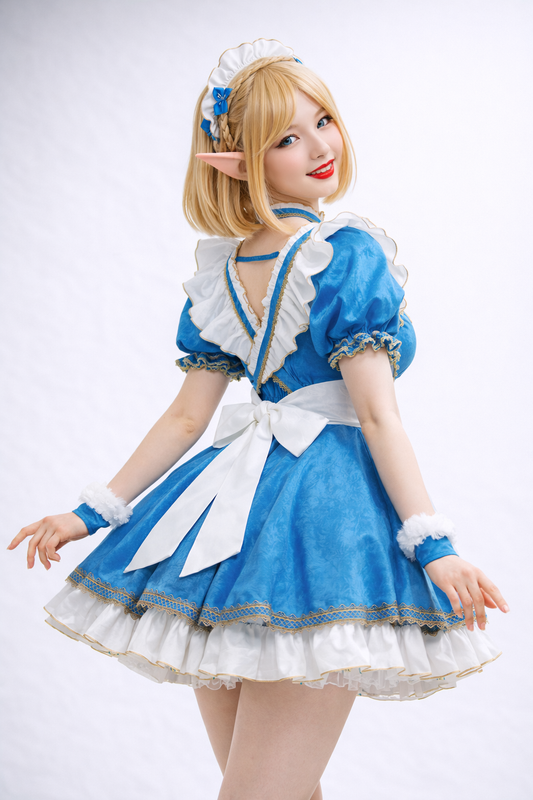 Zelda-inspired elf princess cosplay dress with ruffles and gold trim