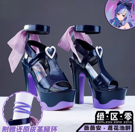 Pair of purple and navy blue platform high heels for Vivian Banshee's Iris of the Shore outfit from Zenless Zone Zero, featuring white heart buckles, lavender ribbons, and a matching purple leg strap. Black and purple high-heeled shoes with heart designs on a gray background