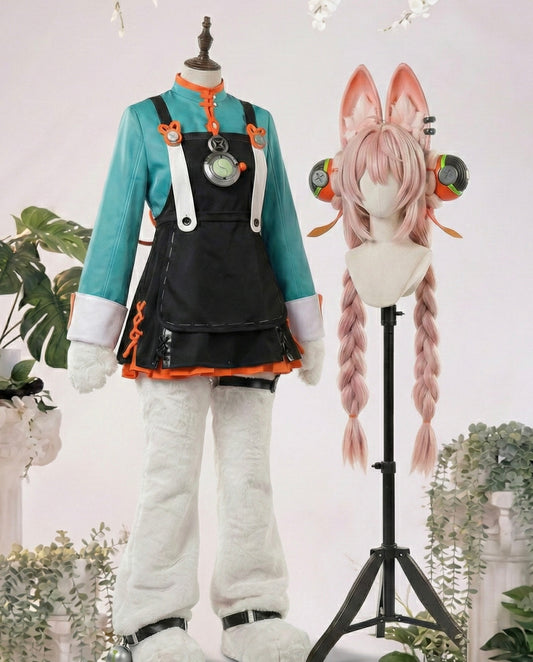 Cosplay costume with black and teal outfit, white gloves, and pink hair on a stand against a light background.