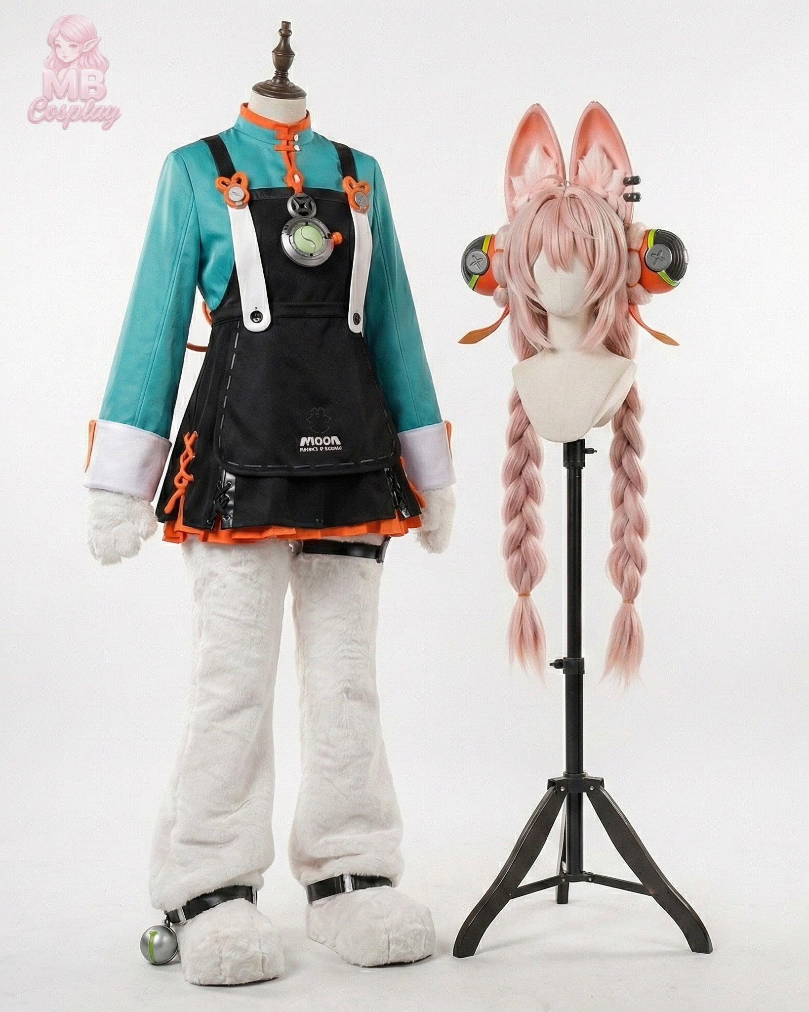 A detailed cosplay of Zhao from Zenless Zone Zero featuring a teal mandarin-style top, black overall skirt with orange lacing, oversized fluffy white paw gloves, and a circular Yin-Yang tech device on the chest