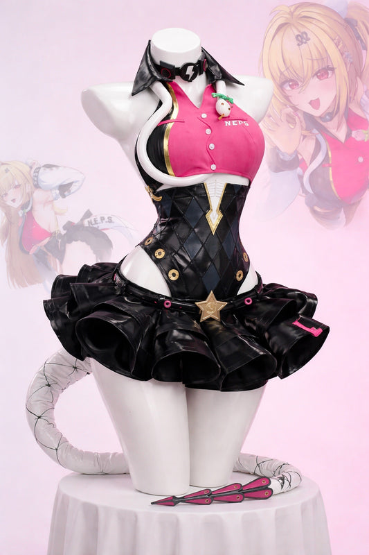 Full display of the Cissia cosplay costume from Zenless Zone Zero featuring a biker jacket, pleated skirt, and tactical accessories on a mannequin.