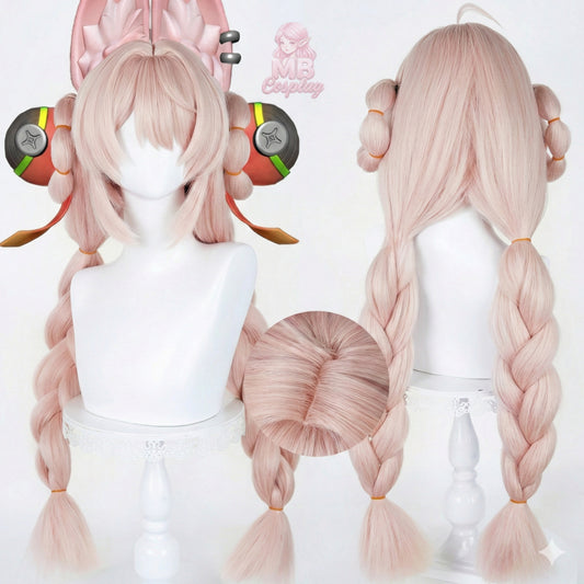 A high-resolution product showcase of a long pale pink cosplay wig displayed on a white mannequin head from front and back views. The wig features thick braids, stylized ears, and red/black mechanical hair accessories. A circular inset shows a close-up of the realistic scalp parting.